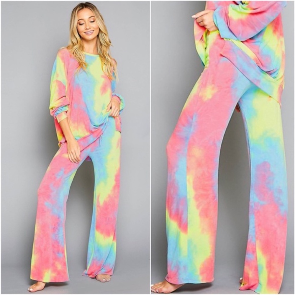 Boho Tie dye Neon pink lounge pants wide leg - Picture 1 of 7